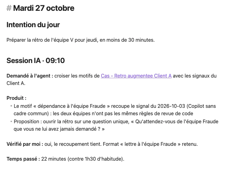 Une note de journal du coffre de démonstration : une session IA qui prépare une rétrospective en 22 minutes, vérifiée par Camille.